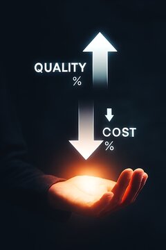 A hand holding a glowing light, with arrows indicating an increase in quality and a decrease in cost, symbolizing efficiency and value