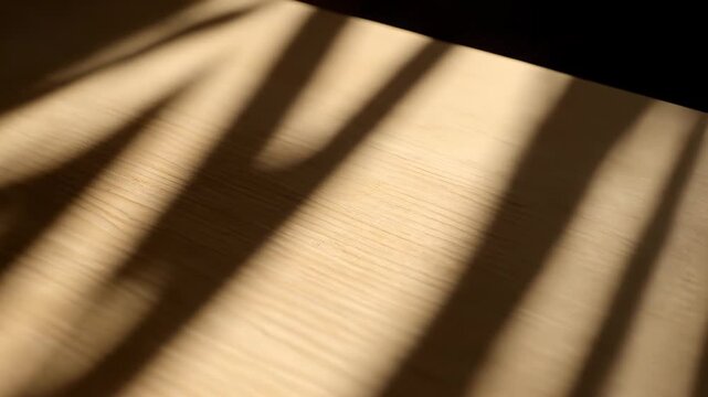The shifting shadows of a palm leaf dance across a light wooden surface. The interplay of natural sunlight and the abstract shadow design produce a striking visual display