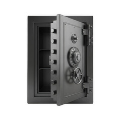 Open metal safe isolated on transparent background
