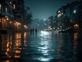 Fototapeta premium Photorealistic flooded city after climate disaster, showing destruction, reflection, and survival in a dystopian urban landscape.