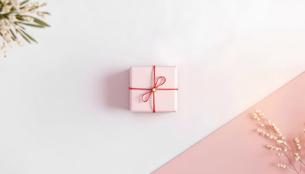 Minimal Pink Gift Box with Red String Bow on Soft Pastel Surface