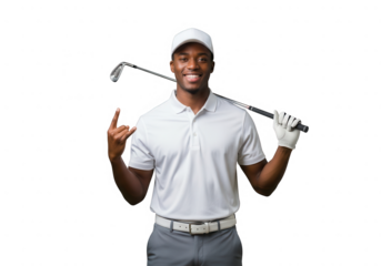 Smiling man golfer holding a golf club rock on gesture isolated on transparent background