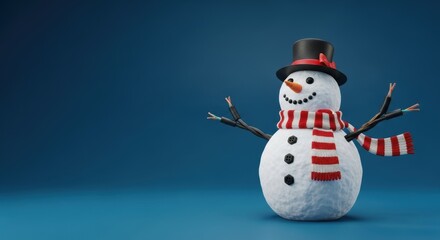 Charming snowman decoration with striped scarf, black top hat, and cheerful smile on gradient blue background. Snowman figure brings festive holiday spirit.