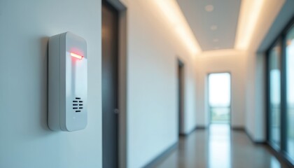 Modern smart sensor with glowing red light mounted on clean white wall. Tech device operates inside bright, long building corridor, providing essential security, safety for residents. Hallway