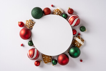 Bright holiday scene with a round blank center surrounded by red and green ornaments, gingerbread cookies, and small gift boxes ready for celebration and greeting