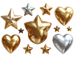 Collection of shiny golden and silver metallic star and heart shaped balloons isolated on transparent background