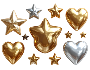 Collection of shiny golden and silver metallic star and heart shaped balloons isolated on transparent background