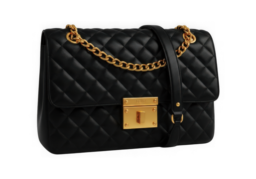 Black quilted leather handbag with gold chain isolated on transparent background