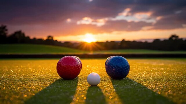Lawn Bowls at Sunset with Vibrant Colors - A close-up shot of lawn bowls on a green field during a vibrant sunset.