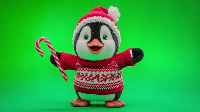 Cute cartoon penguin wearing a red and white knitted sweater and santa hat, holding a candy cane, isolated on green screen