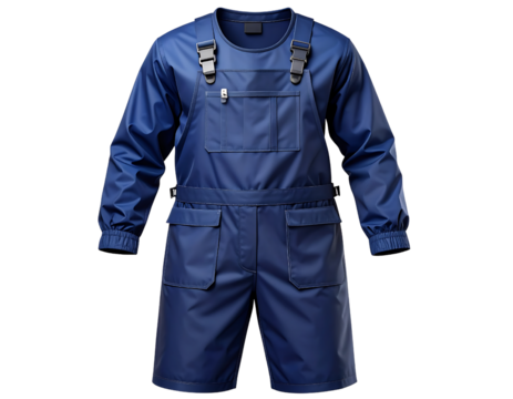 A dark blue denim workwear jumpsuit with pockets and buckles isolated on transparent background