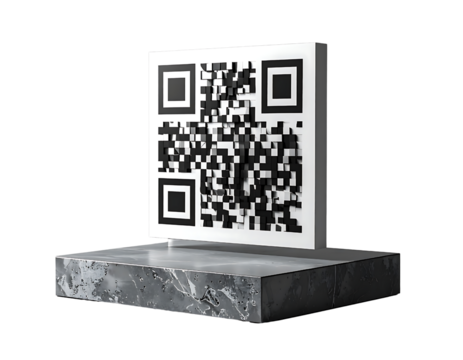 A realistic 3d rendered qr code displayed on a textured stone pedestal isolated on transparent background