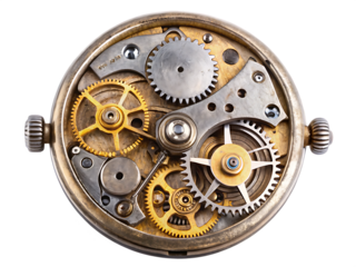 Intricate antique pocket watch mechanism, with brass and steel gears and escapement, cutout, PNG isolated on white or transparent background