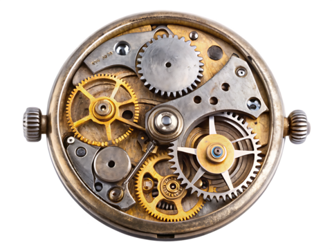 Intricate antique pocket watch mechanism, with brass and steel gears and escapement, cutout, PNG isolated on white or transparent background - Powered by Adobe