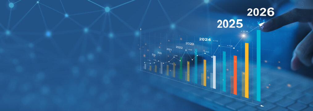 2025 to 2026 business financial plan market concept, performance of profit growth on 2026, education trend up finance on growth graph money revenue, Businesswoman analyzes profitability of working