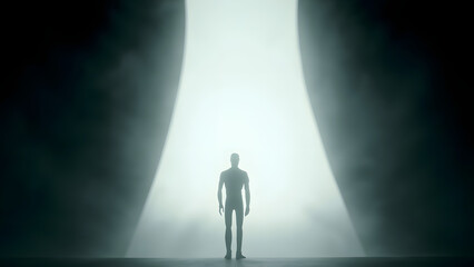 Small humanoid figure standing before a glowing doorway. Minimal cinematic composition with copyspace above for text or design.