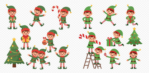 Festive Christmas elf cartoon characters in various poses and activities, isolated on a transparent background.
