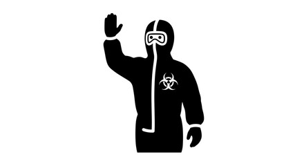 Protective Suit Person Raising Hand Warning Danger Biohazard.