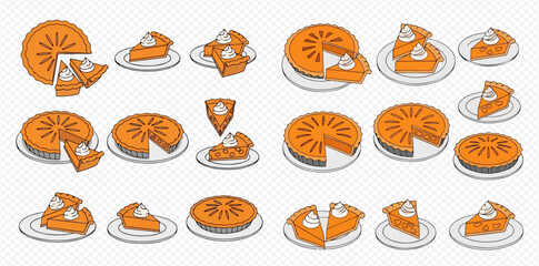 Illustration of pumpkin pies, some whole, some sliced, and some with whipped cream.