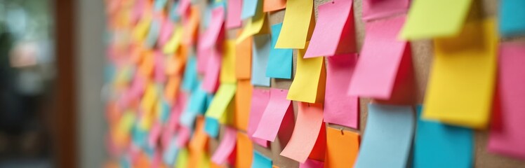 Wall filled with many colorful notes. Office workspace full of sticky memo papers. Brainstorming creative idea session. Business presentation with bright sticky notes on bulletin board. Visual