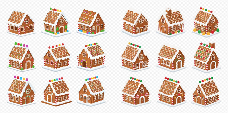 Collection of gingerbread houses, each uniquely decorated with icing and candies.