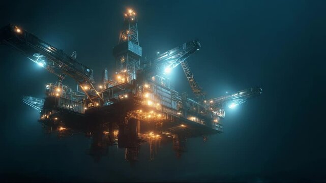 Offshore oil rig illuminated at night in deep water, deep sea mining  