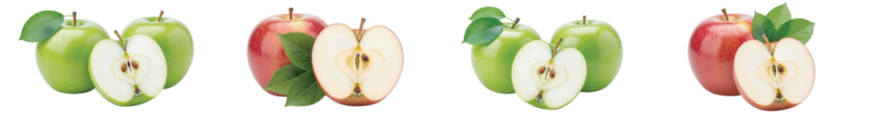 Arrangement of fresh apples, whole and sliced, isolated on a Transparent background