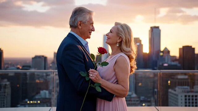 Elderly caucasian couple in love enjoying a romantic date. Elegant mature man giving a red rose to his beautiful wife on a rooftop - Powered by Adobe