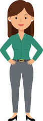 Naklejka premium Woman standing confident with hands on hips wearing teal shirt and gray pants vector illustration 