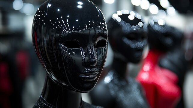 Close-up of shiny black Mannequin Head, part of a group, displayed in Storefront Window for fashion Design - Powered by Adobe