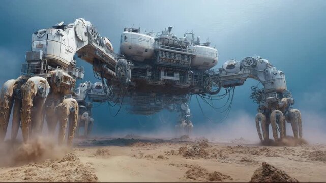 Futuristic robotic vehicle exploring underwater environment, deep sea mining  