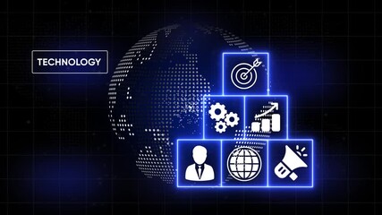 Digital technology abstract background with glowing icons representing business strategy global connection marketing and data analytics on a futuristic dark grid with a dotted - Powered by Adobe