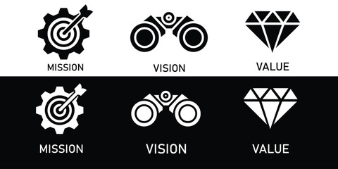 A Vision, mission and values editable stroke outline icons set isolated on white background flat vector illustration