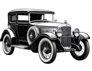 Vintage black and white illustration of a classic luxury automobile from the early 20th century isolated on transparent background