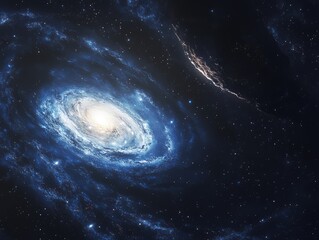 Illustration of a black hole and a blue spiral galaxy in space.