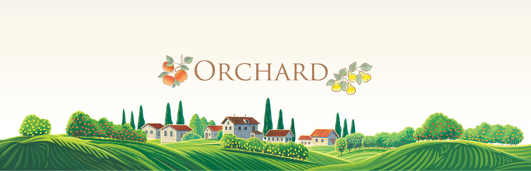 Vector illustration of a rural landscape in a panoramic format. The scene includes orchards, a village, and green hills.