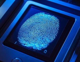 Close-up of a blue-lit fingerprint scan on a rectangular device