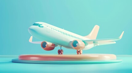 Cartoon airplane mockup isolated on a blue background, sitting on a platform ready for travel or vacation