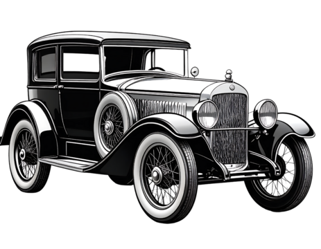 Vintage black and white illustration of a classic luxury automobile from the early 20th century isolated on transparent background