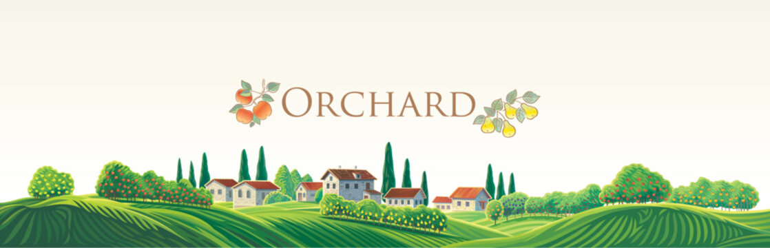 Vector illustration of a rural landscape in a panoramic format. The scene includes orchards, a village, and green hills.