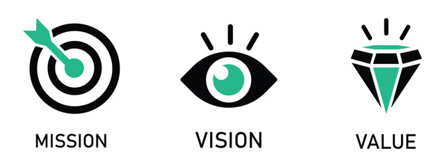 Mission, Vision and Values Icon Set. Rocket launch, Target, Diamond, eye, icon symbol. company purpose flat icons. business creative concept with 3 steps. web page template