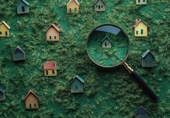 Magnifying glass, green grass background with small houses silhouette and magnifying glass on top,