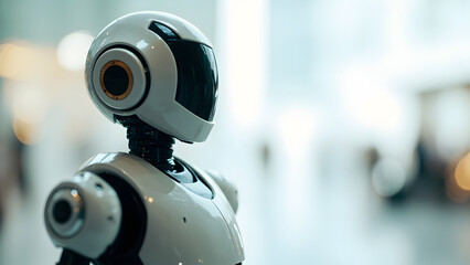 Close-up of smooth robot textures and materials. Minimalist aesthetic with blurred space for corporate message or text.