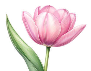 Delicate watercolor painting of a single pink tulip with a green leaf isolated on transparent background