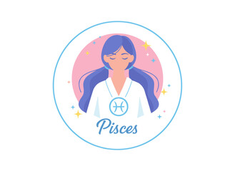 Obraz premium Pisces zodiac sign portrayed as a beautiful woman in a vector illustration, encompassing astrology profile, future telling, horoscope, alchemy, spirituality, occultism, and fashion