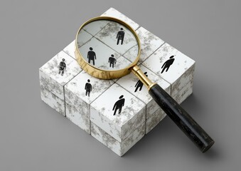 Magnifying glass over white cubes with black people icons on them, gray background, top view.