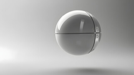 Elegant robotic sphere hovering above the ground with faint reflections. Monochromatic tone with large copyspace for brand tagline or text.