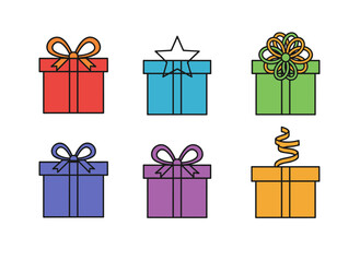 A vector set design featuring Christmas gift boxes for surprises, presents, holidays, anniversaries, and birthdays, presented as a collection of illustrated gift box elements
