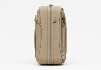 Beige suitcase isolated on white background with zippers and textured surface
