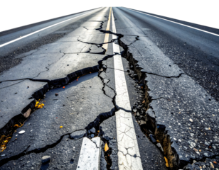 Cracked asphalt road with double white lines showing severe damage from an earthquake isolated on transparent background